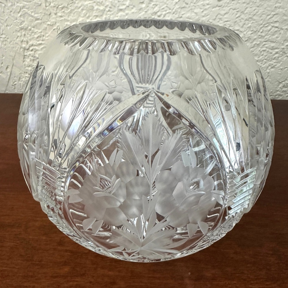 Crystal Frosted Floral Etched Cut Glass Clear Rose Bowl Vase Vintage Cottagecore